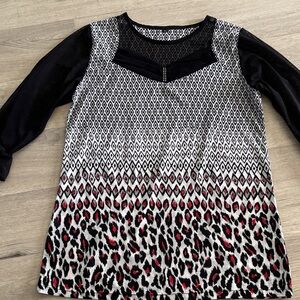 Black & White Patterned Long-Sleeve Blouse with Red Accents